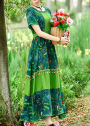 Loose green print cotton Tunics o neck patchwork tassel Art summer Dresses - SooLinen