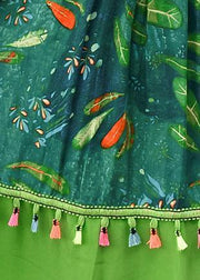 Loose green print cotton Tunics o neck patchwork tassel Art summer Dresses - SooLinen