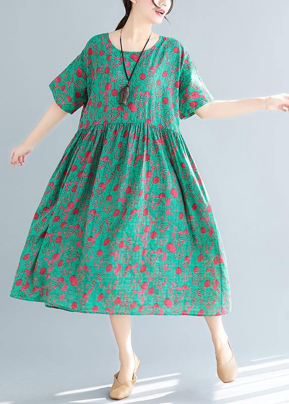 Loose green print cotton linen dresses Plus Size Inspiration o neck pockets Dresses Summer Dress - SooLinen