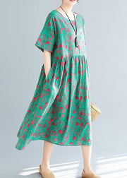 Loose green print cotton linen dresses Plus Size Inspiration o neck pockets Dresses Summer Dress - SooLinen