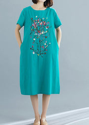 Loose green prints Cotton dresses Women pattern o neck Plus Size summer Dresses - SooLinen