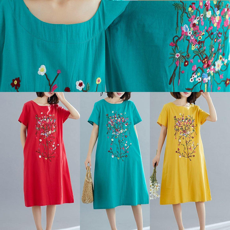 Loose green prints Cotton dresses Women pattern o neck Plus Size summer Dresses - SooLinen