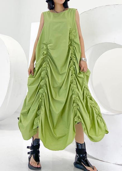 Loose green Cinched cotton dresses o neck sleeveless Maxi Dresses - SooLinen
