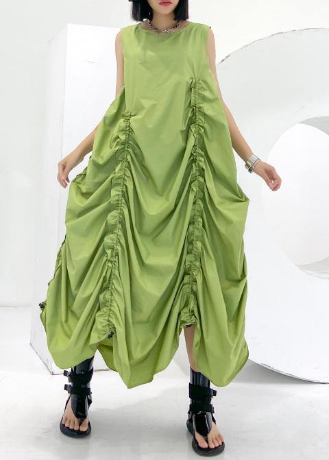 Loose green Cinched cotton dresses o neck sleeveless Maxi Dresses - SooLinen