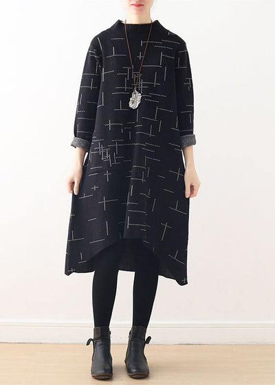 Loose high neck fallclothes linen black plaid Dress - SooLinen