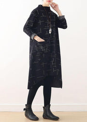Loose high neck fallclothes linen black plaid Dress - SooLinen