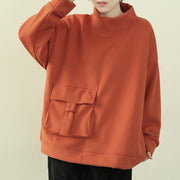 Loose high neck pockets clothes For Women orange Art shirts - SooLinen