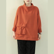 Loose high neck pockets clothes For Women orange Art shirts - SooLinen
