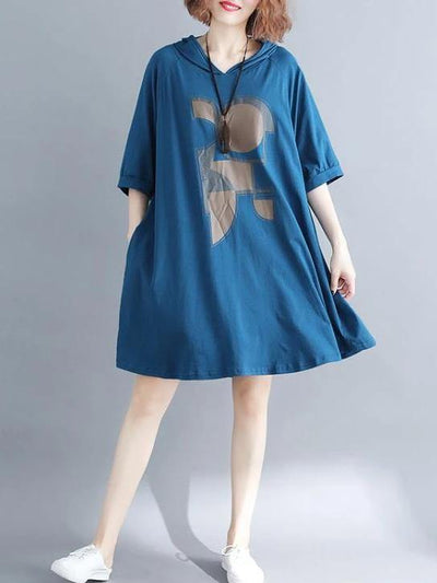 Loose hooded Cotton dress Shape blue print Dress summer - SooLinen