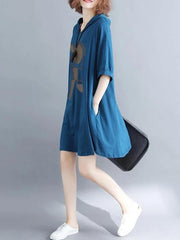Loose hooded Cotton dress Shape blue print Dress summer - SooLinen