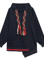 Loose hooded asymmetric spring tops women black tunic blouses - SooLinen