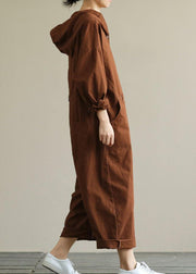 Loose hooded brown all-match long-sleeved ladies nine-point jumpsuit - SooLinen