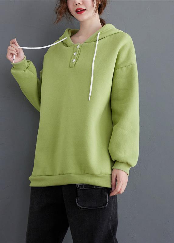 Loose hooded drawstring fall tunics for women Fabrics green top - SooLinen