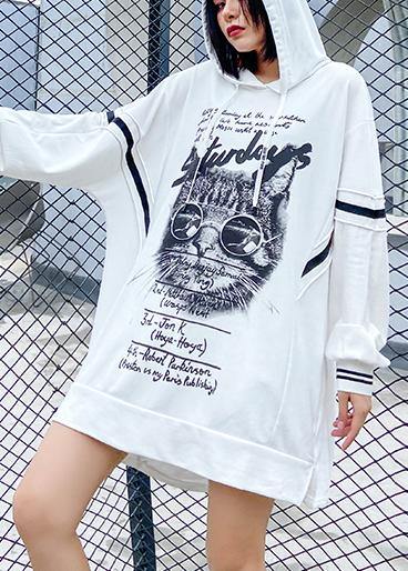 Loose hooded fall outfit Work Outfits white print Dress - SooLinen