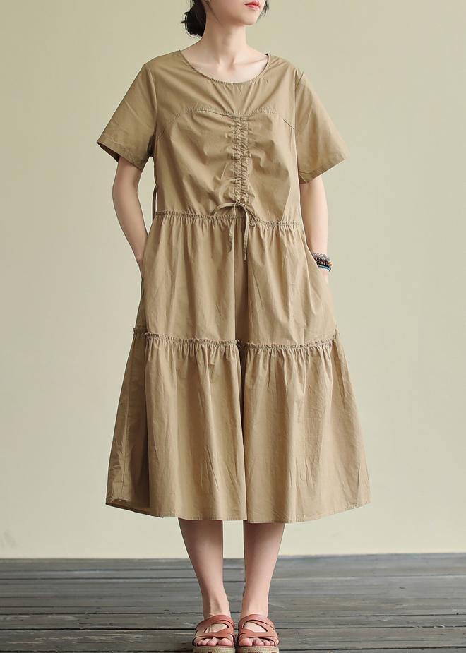 Loose khaki cotton Tunics o neck drawstring Traveling summer Dress - SooLinen