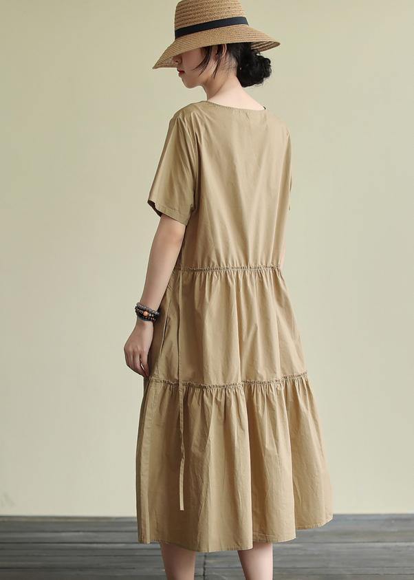 Loose khaki cotton Tunics o neck drawstring Traveling summer Dress - SooLinen