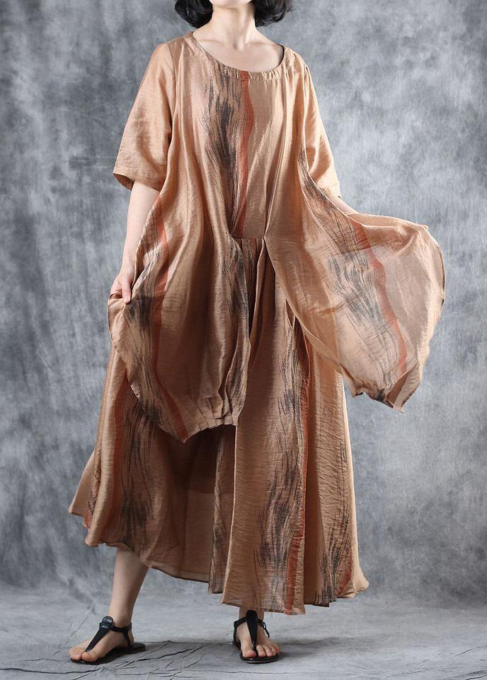Loose khaki linen clothes For Women half sleeve Robe summer Dresses - SooLinen