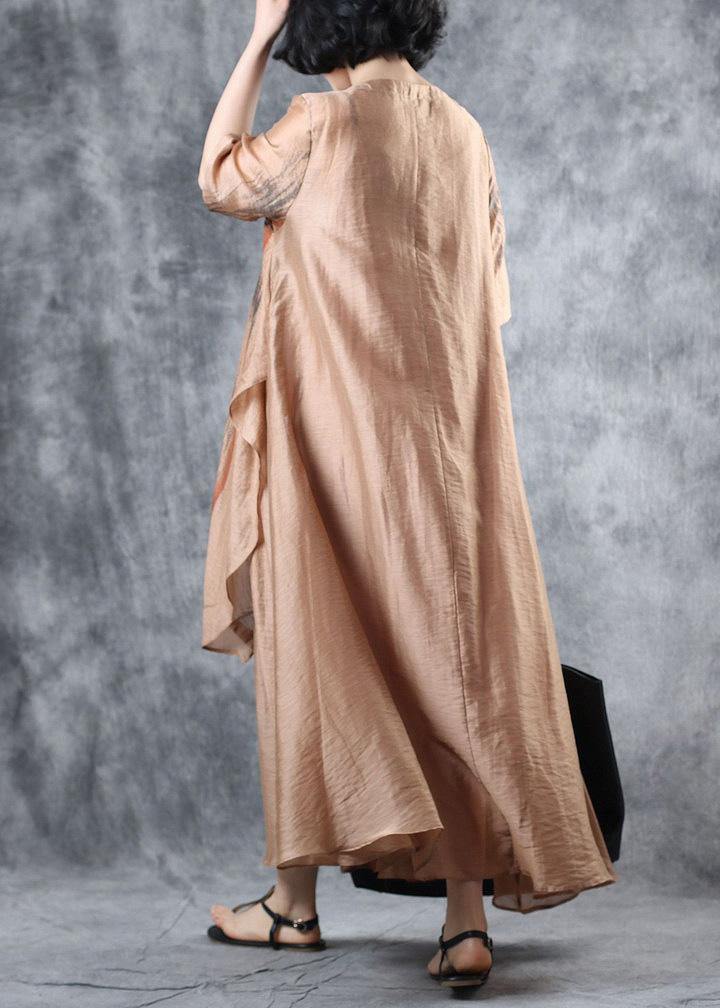 Loose khaki linen clothes For Women half sleeve Robe summer Dresses - SooLinen