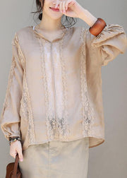 Loose khaki linen clothes lace patchwork loose v neck tops - SooLinen