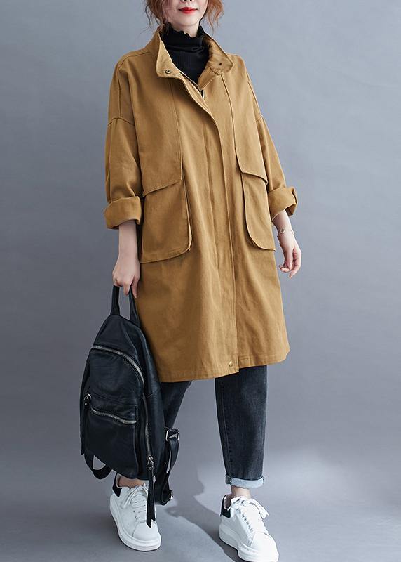 Loose khaki  coat for woman Outfits stand collar Large pockets coat - SooLinen