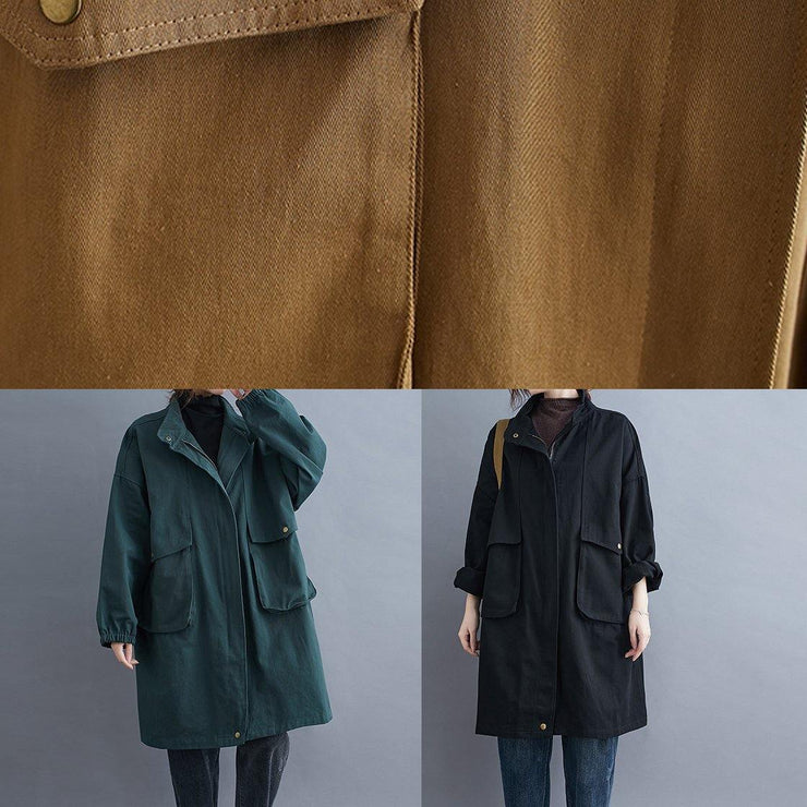 Loose khaki  coat for woman Outfits stand collar Large pockets coat - SooLinen