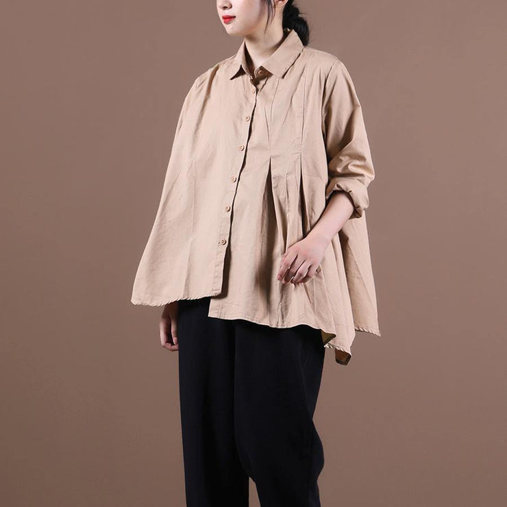 Loose khaki tops women blouses lapel large hem tunic fall shirts - SooLinen