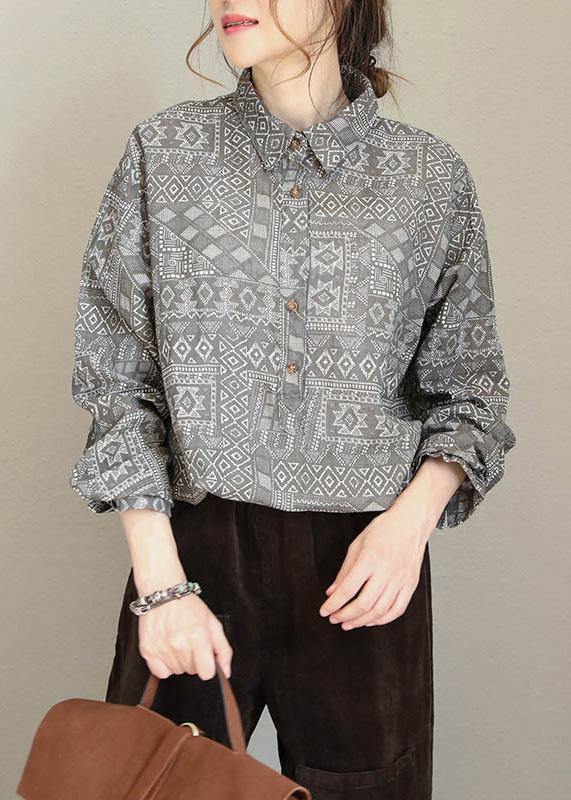 Loose lapel collar cotton linen clothes For Women gray prints tunic shirts long sleeve - SooLinen