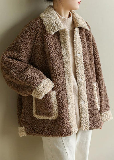 Loose lapel collar fine patchwork Coats Women chocolate daily jackets - SooLinen