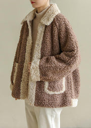 Loose lapel collar fine patchwork Coats Women chocolate daily jackets - SooLinen