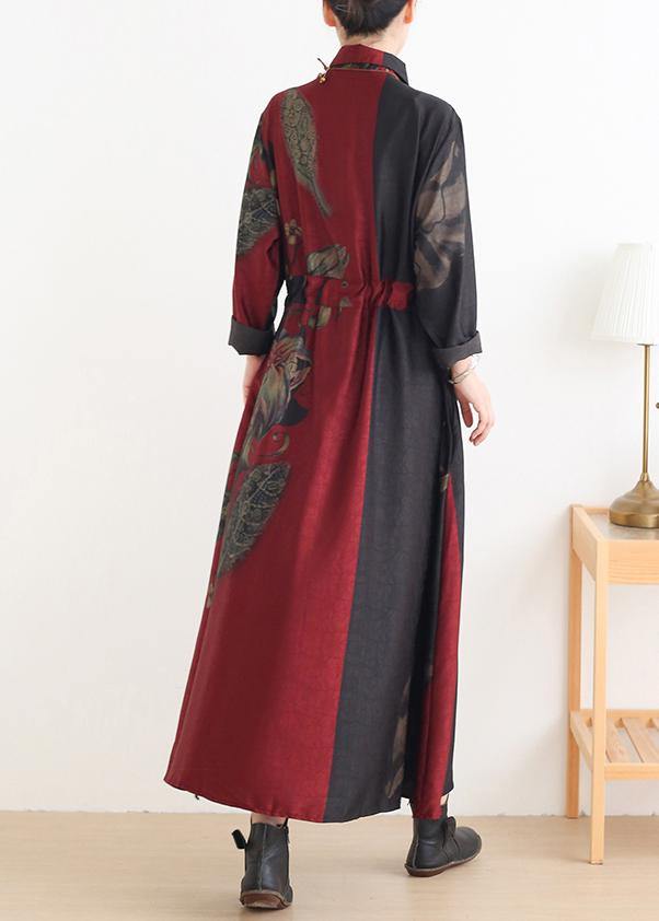 Loose lapel drawstring tunic pattern Catwalk red print Traveling Dresses - SooLinen