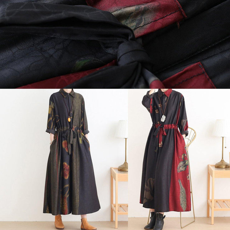 Loose lapel drawstring tunic pattern Catwalk red print Traveling Dresses - SooLinen