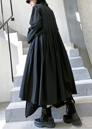 Loose lapel Cinched fine coats women black baggy coat - SooLinen