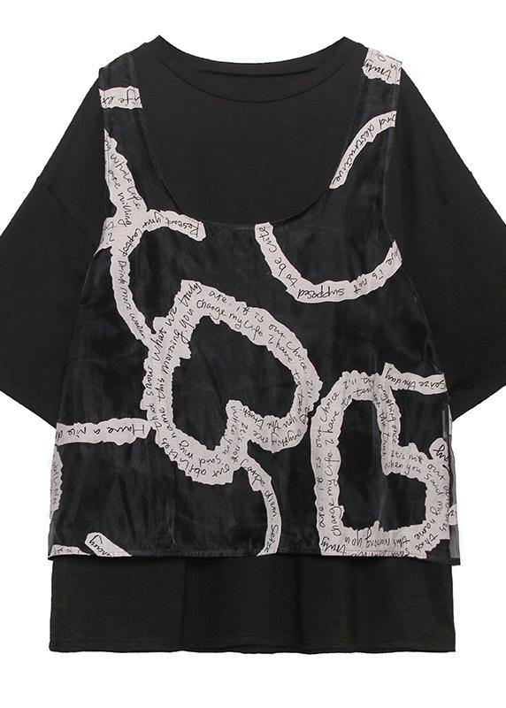 Loose large size black short sleeve + mesh vest two-piece blouse women - SooLinen