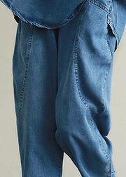 Loose large size thin section blue denim casual suit female lapel short sleeve shirt harem pants two-piece suit - SooLinen