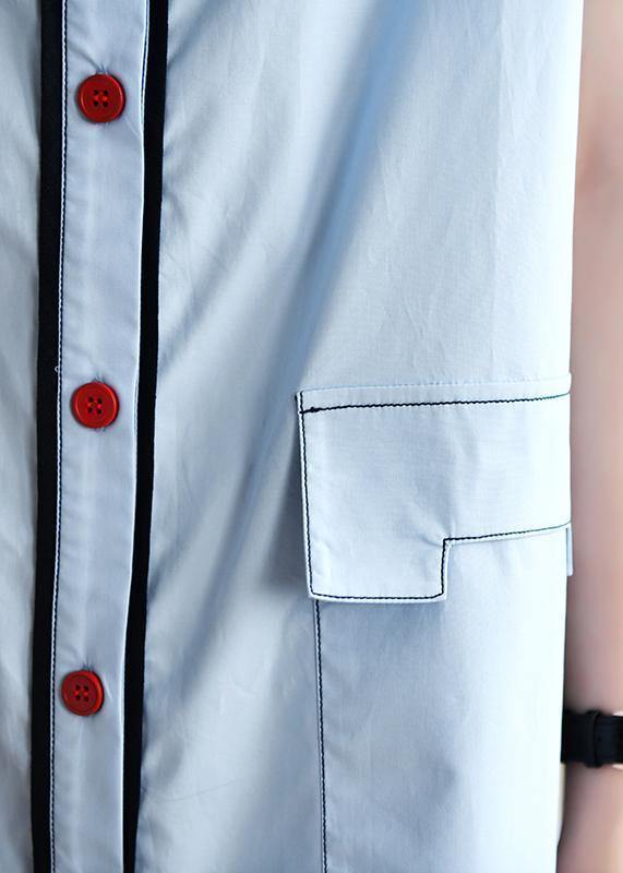 Loose light blue dress silhouette lapel pockets box summer shirts - SooLinen