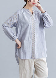 Loose light blue embroidery cotton clothes For Women v neck blouse - SooLinen