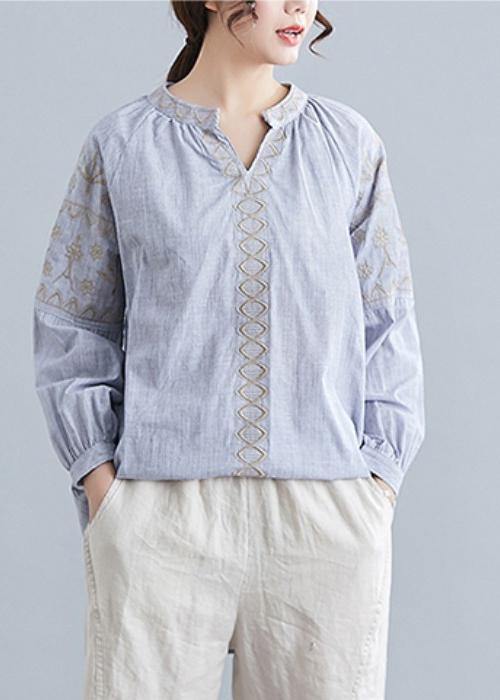 Loose light blue embroidery cotton clothes For Women v neck blouse - SooLinen