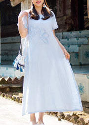 Loose light blue linen dress o neck pockets Love summer Dress - SooLinen