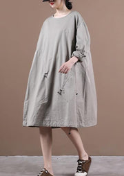 Loose light gray outfit o neck drawstring short Dresses - SooLinen