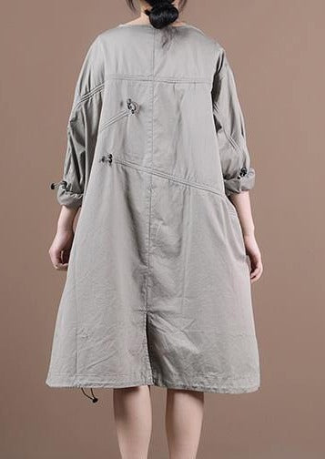 Loose light gray outfit o neck drawstring short Dresses - SooLinen