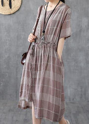 Loose light purple plaid cotton Robes o neck asymmetric Maxi Dress - SooLinen