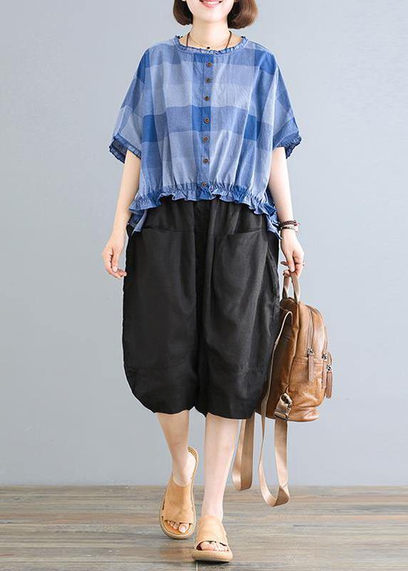 Loose linen pattern Women Agaric Lace Plaid T-Shirt And Black Pants - SooLinen