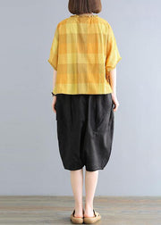 Loose linen pattern Women Agaric Lace Plaid T-Shirt And Black Pants - SooLinen