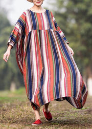 Loose multicolor striped cotton clothes exra large hem o neck Maxi summer Dresses - SooLinen