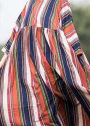 Loose multicolor striped cotton clothes exra large hem o neck Maxi summer Dresses - SooLinen
