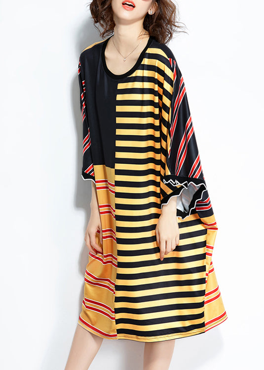 Loose multicolor striped silk blended clothes Women plus size linen patchwork Summer Dress