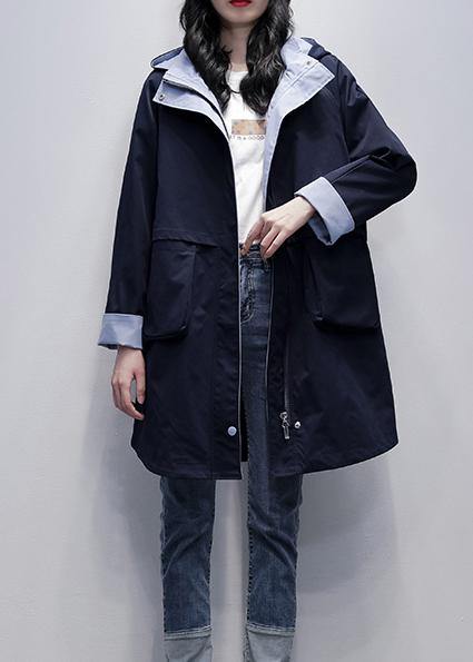 Loose navy Plus Size outfit pattern hooded Letter outwears - SooLinen