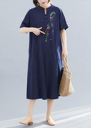 Loose navy cotton quilting dresses embroidery A Line summer Dresses - SooLinen