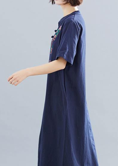 Loose navy cotton quilting dresses embroidery A Line summer Dresses - SooLinen