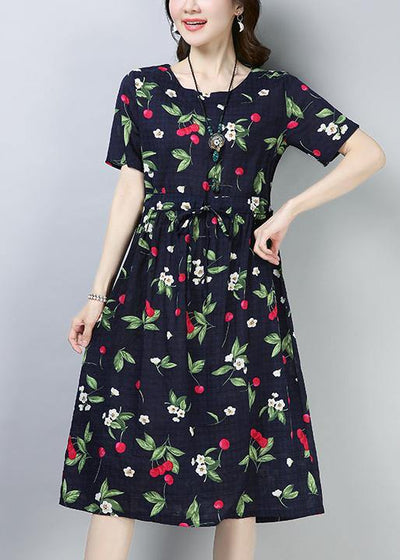 Loose navy prints cotton linen tunic dress drawstring loose summer Dress - SooLinen